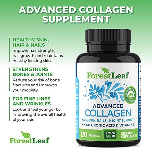 Forest Leaf - Collagen Pills with Hyaluronic Acid & Vitamin C - Reduce Wrinkles, Tighten Skin, Boost Hair, Skin, Nails & Joint Health - Hydrolyzed Collagen Peptides Supplement - 120 Capsules