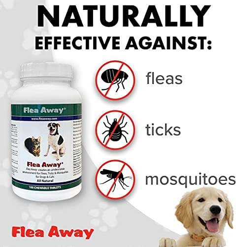 Flea Away All Natural Supplement for Fleas, Ticks, and Mosquitos Prevention for Dogs and Cats, 100 Chewable Treat Tablets, Single