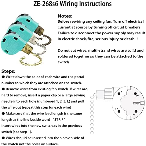 Ceiling Fan Switch Zing Ear ZE-268S6, 3 Speed 4 Wire Speed Control Pull Chain Cord Appliances Switch Replacement Parts Compatible with Hunter Ceiling Fans Wall Lamps (Bronze)