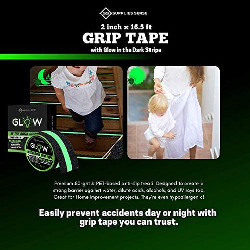 Anti-Slip Grip Tape Strips 2"x16.5ft, Non-Slip Traction Tape, Weatherproof Safety Adhesive Grip Treads with Glow in the Dark Strip, In/Outdoor Abrasive Tape for Stairs, Non-Skid Steps - Supplies Sense