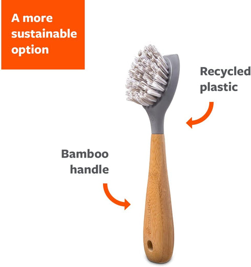 Full Circle Tenacious C Cast Iron Brush and Scraper with Bamboo Handle Skillet Scrubber with Tough Nylon Bristles, Grey, One Size, Gray