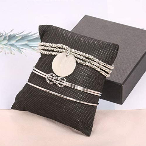 Haloty Boho Layered Knot Bangle Stackable Bracelets Silver Dainty Coin Beaded Hand Jewelry for Women and Girls 5Pcs (Coin)