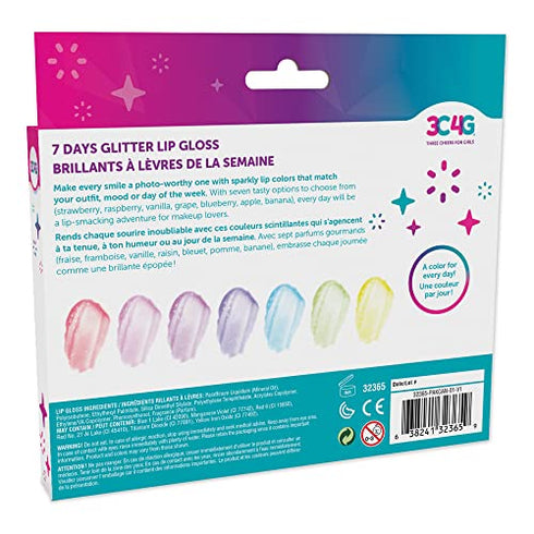 Three Cheers for Girls by Make It Real - 7 Days Glitter Lip Gloss - Flavored Lip Gloss Set for Girls - Strawberry, Raspberry, Vanilla and More! - 7 Piece Lip Gloss Kit