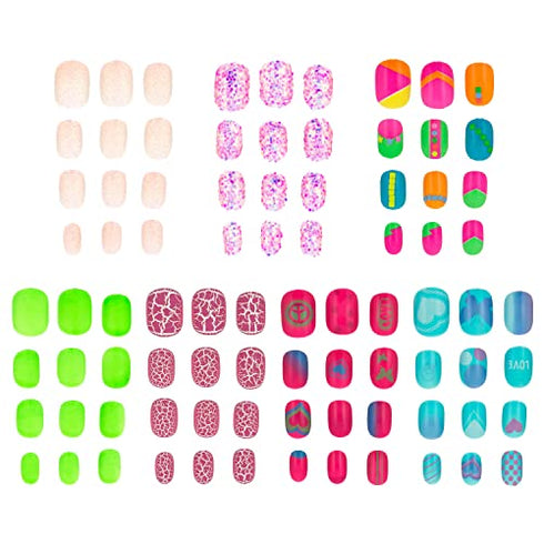 Expressions Girl 7 Day Manicure Collection - 84PC Press On Nail Set, Day-of-The-Week Adhesive False Nails for Girls (Set of Brights or Pastels) – Colorful Novelty Designs Stick On Nails for Kids
