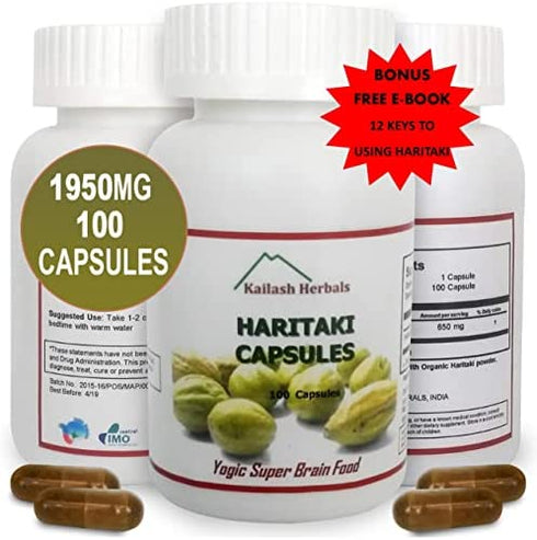 Kailash Herbals Organic Haritaki Capsules -100 Capsules-1950mg Detoxification & Rejuvenation - Improve Digestion, Internal Cleansing | -Terminalia chebula | Vegan, Non-GMO, Gluten-Free
