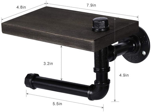 NEX Industrial Toilet Paper Holder, Wall Mounted Toilet Roll Tissue Holder Stand with Wooden Shelf for Bathroom, Espresso