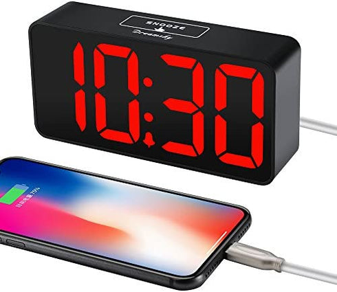 DreamSky Compact Digital Alarm Clock with USB Port for Charging, 0-100% Brightness Dimmer, Red Bold Digit Display, 12/24Hr, Snooze, Adjustable Alarm Volume, Small Desk Bedroom Bedside Clocks.