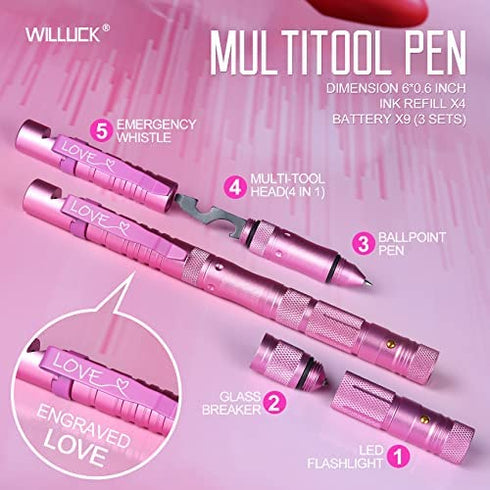 Gifts for Women Mom,Valentines Day Love Gifts for Her,Pink Multitool Pen with Flashlight Engraved”Love”,Stocking Stuffers for Women,Birthday Anniversary Mothers Day Gifts for Mom Wife Girlfriend
