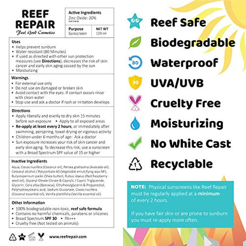 Reef Safe Sunscreen SPF 30+ All Natural, Water Resistant, Moisturizing, Biodegradable, Broad Spectrum UVA/UVB Coral Friendly Mineral Suncream from Reef Repair 4 fl. Oz