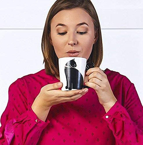Cute Cat Mug for Coffee or Tea: Ceramic Cup for Cat Lovers with Black and White Kitty and Tail Shaped Handle - Unique 11 Oz Accessories Mugs Make Best Presents for Pet Mom or Dad, Coworker and More
