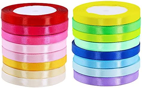 Supla 16 Colors 400 Yard Fabric Ribbon Silk Satin Roll Satin Ribbon Rolls in 2/5" Wide, 25 Yard/roll,16 Rolls,Satin Ribbon Fabric Ribbon Embellish Ribbon Ribbon for Bows Crafts Gifts Party Wedding