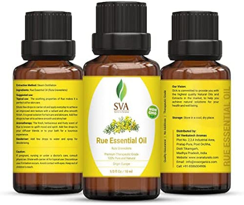 SVA Organics Rue Essential Oil 1/3 Oz 100% Pure Natural Premium Therapeutic Grade for Diffuser, Aromatherapy, Skin Care, Hair & Massage