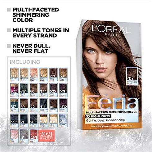 L'Oreal Paris Feria Multi-Faceted Shimmering Permanent Hair Color, 45 French Roast (Deep Bronzed Brown), Pack of 1, Hair Dye