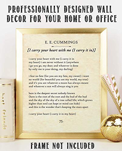 E E Cummings - I Carry Your Heart - 11x14 Unframed Motivational Wall Art - These Literature Book Posters are Perfect for English Classroom, Home Office or Anywhere you Want Motivational Posters