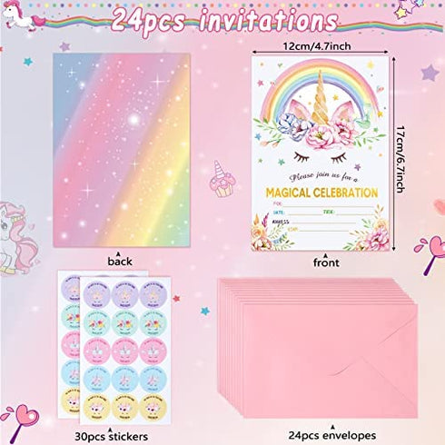 24 Pack Unicorn Birthday Invitation Unicorn Party Invitation Unicorn Invitation Card, 30 Rainbow Unicorn Sticker Labels, 24 Envelope Unicorn Party Supplies for Birthday ()