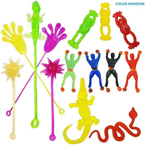 DoDoMagxanadu 14 Pack Vinyl Assorted Stretchy Sticky Toy Novelty Fidget Toy Including Large Sticky Hands, Wall Climber Men, Hammers, Snakes,Lizards,Crocodile and Flying Frogs for Party Favor Kids