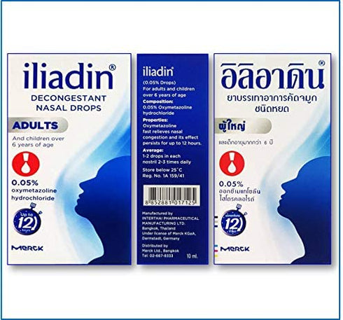 Iliadin Nasal Decongestant Drops 0.05% for Adult and Childern Over 6 Years of Age (0.34 Ounces with Dropper Cap) Composition: 0.05% Oxymetazoline Fast Relieves Nasal Congestion and Its Effect Persist