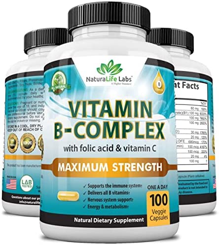Vitamin B Complex with Vitamin C and Folic Acid - B12, B1, B2, B3, Vitamin B5 Pantothenic Acid, B6, B7, B9 - Nervous System Support & Supports Energy Metabolism Non-GMO- 100 Veggie Capsules