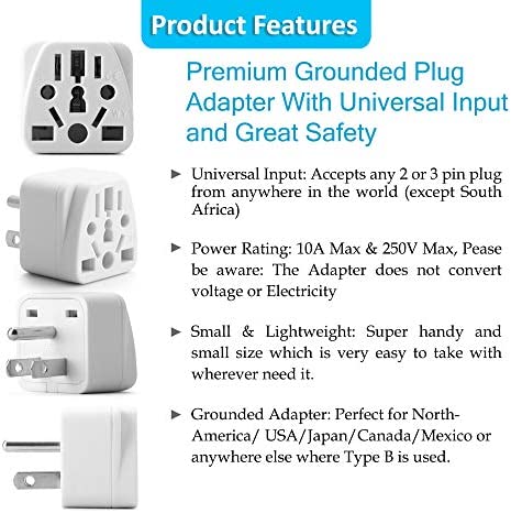 Europe to US Plug Adapter EU/UK/AU/in/CN/JP/Asia/Italy/Brazil to USA (Type A & B) American Travel Adapter and Converter, Wall Outlet Power Charger Converter (White)