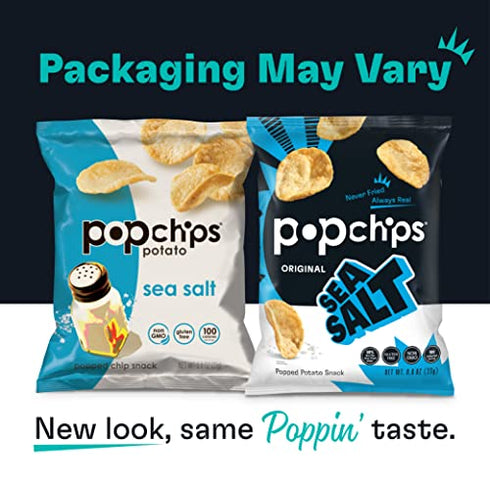 Popchips Potato Chips, Sea Salt, 12ct Single Serve 0.8oz Bags, Low-Calorie and Gluten Free, Salty Snacks for Adults and Children, Non-GMO, Vegan & Kosher Friendly, 100 Calories Per Bag