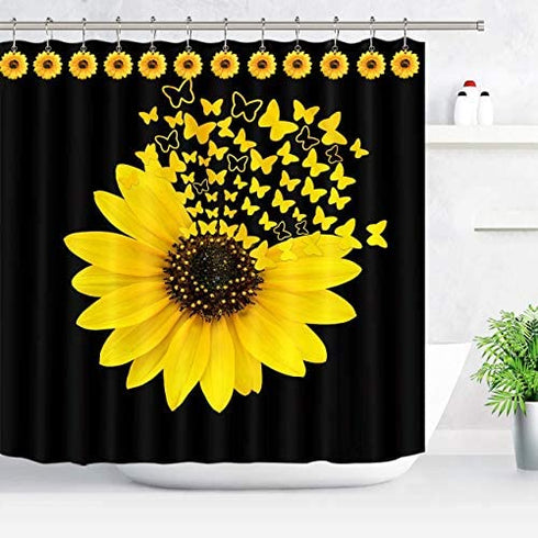 CHICTIE Sunflower Shower Curtain Hooks Rings, Yellow Flowers Decorative Shower Curtain Hooks, 12 Pcs Rustproof Shower Rings for Bathroom Set (Yellow Sunflower)