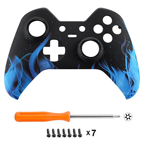 eXtremeRate Blue Flame Fire Faceplate Cover, Soft Touch Front Housing Shell Case for Xbox One Elite Controller Model 1698 with Thumbstick Accent Rings - Controller NOT Included