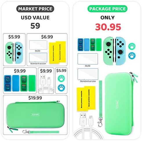 Switch Accessories Bundle for Nintendo Switch and Switch OLED, RHOTALL 12 in 1 Carrying Case Set with Silicone Joycon Covers, Game Card Cases, Screen Protector, Thumb Grip Caps and USB C Cable