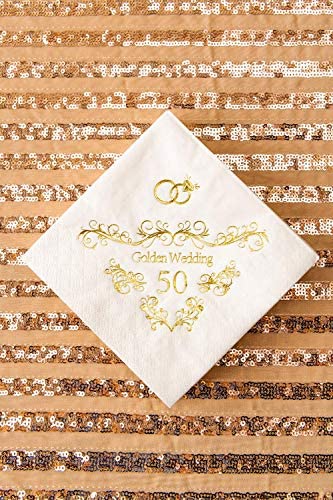 Crisky 50th Wedding Anniversaray Napkins Golden Cocktail Beverage Napkins, 50th Wedding Anniversary Decorations for Candy Cake Table, 50 Pcs, 3-ply