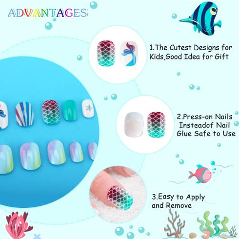 48Pcs Press on Nails for Kids Full Cover Short Fake Stick on Nails for Girls False Nails Lovely Children Gift Nail Art Decoration (Blue Ocean)