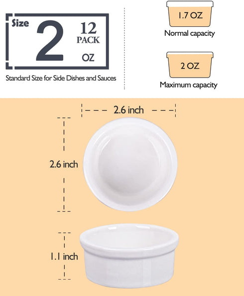 Dizada 12 Pack Small Dipping Bowls, White Ceramic Soy Sauce Dish Condiments Side Dish bowls- Perfect for BBQ sauce,Tomato Sauce, honey mustard and soy sauce