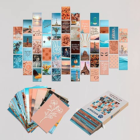 WOONKIT Peach Teal Wall Collage Kit Aesthetic Pictures, Collage Kit for Wall Aesthetic, Aesthetic Wall Collage, Cute Room Decor for Teen Girls, Trendy Teen Peach Teal Collage Kit, 50pcs 4x6 inch