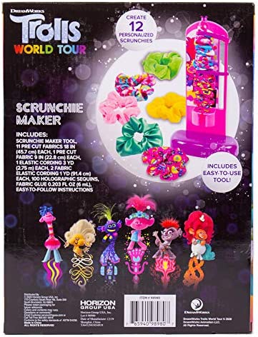 Trolls World Tour Scrunchie Maker by Horizon Group USA. Create 12 Personalized Hair Scrunchies. Mix & Match Fun Fabrics. Glue in Fun Sequins & Glitter.