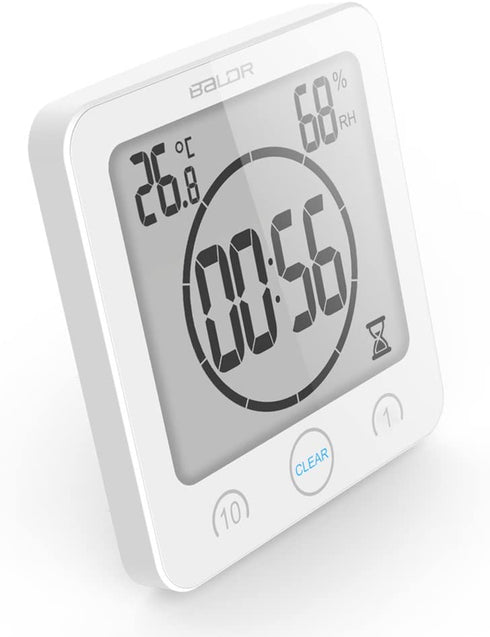BALDR Waterproof Alarm Clock with Timer for Bathroom Shower - Wall Mounted LCD Clock Displays Time, Temperature & Indoor Relative Humidity