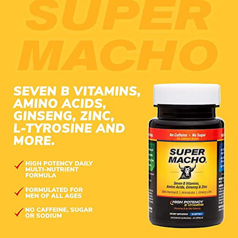 SUPER MACHO, High Potency B Vitamins and Amino Acids, Fuel for Today´s Active Men, No Caffeine, No Sugar, Dietary Supplement, 50 Soft gels, Jar.