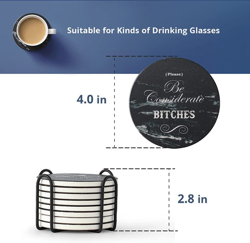 LIFVER Funny Coasters for Drinks with Holder, Set of 8 Black Marble Style Absorbent Drink Coasters with Cork Base, Ideal for Living Room Decor, Gifts for Women Men, Bar Coaster with 4 Sayings, 4 inch