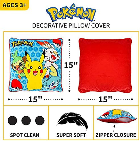 Franco Kids Bedding Soft Decorative Pillow Cover, 15 in x 15 in, Pokemon