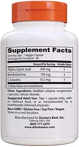 Doctor's Best Benfotiamine 150 + Alpha-Lipoic Acid 300, Non-GMO, Vegan, Gluten Free, Promotes Healthy Blood Sugar, 60 Veggie Caps