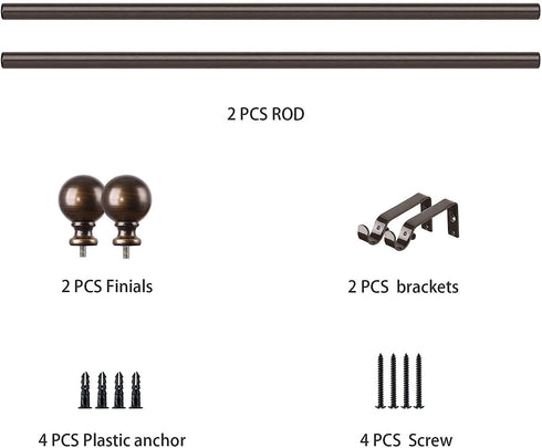 KAMANINA 3/4 Inch Curtain Rods, Round Finials, Bronze, 28-48 Inches Drapery Rod