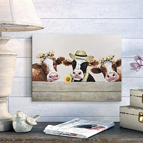 Seven Wall Arts Cow Wall Décor Farmhouse Canvas Wall Art Rustic Cow Picture Print Country Farm Animal Dairy Cattle with Yellow Sunflower Artwork for Kitchen Bathroom Bedroom Living Room Home Decor Ready to Hang 12"x16"
