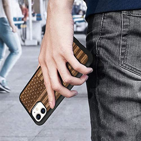 JUBECO iPhone 11 Case Wood,Wooden+Soft TPU Bumper Slim Anti-Shock Cover for iPhone 11 6.1inch (Us Flag)