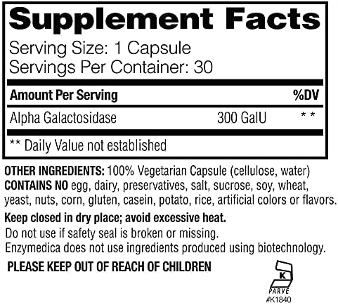 Enzymedica, Bean Assist, Fast-acting Digestive Enzymes for Gas and Bloating, 30 Capsules
