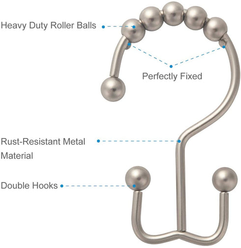 Amazer Shower Curtain Rings, Rust-Resistant Metal Double Shower Hooks for Curtain Rolling Shower Curtain Hooks Rings Shower Rings for Bathroom Shower Curtain Rod , Matte Nickel, Set of 12 Rings