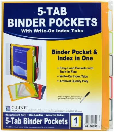 C-Line 5-Tab Binder Pockets with Write-On Index Tabs, Assorted Colors, 8.5 x 11 Inches, 5 Pockets per Set (06650)