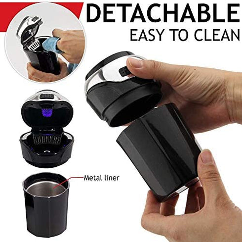 TAKAVU Car Ashtray (1-Pack), Easy Clean Up Detachable Stainless Car Ashtray with Lid Blue Led Light and Removable Lighter for Most Car Cup Holder (Silver)