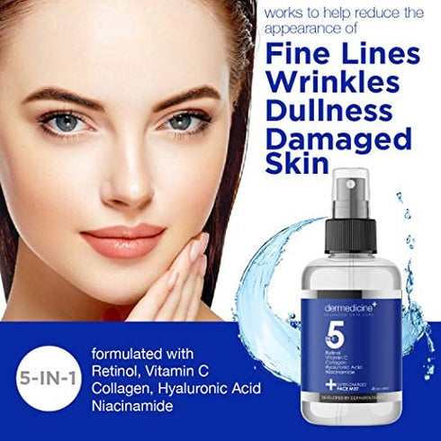 5 in 1 Super Charged Anti-Aging Face Mist w/ Retinol, Vitamin C, Collagen, Hyaluronic Acid & Niacinamide | Hydrates, Refreshes & Brightens for a More Glowing Complexion | 4 fl oz, 120 ml