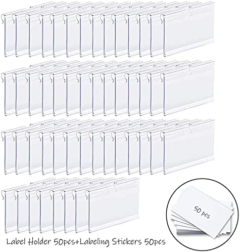 Basket Labels Clip On,50PCS Clear Plastic Bin Clip Labels for Baskets,Wire Shelf Price Labels,Labels for Storage Bins,Merchandise Sign Display Holder,50PCS 6X4CM Label Inserts Included. (CQTP0000)