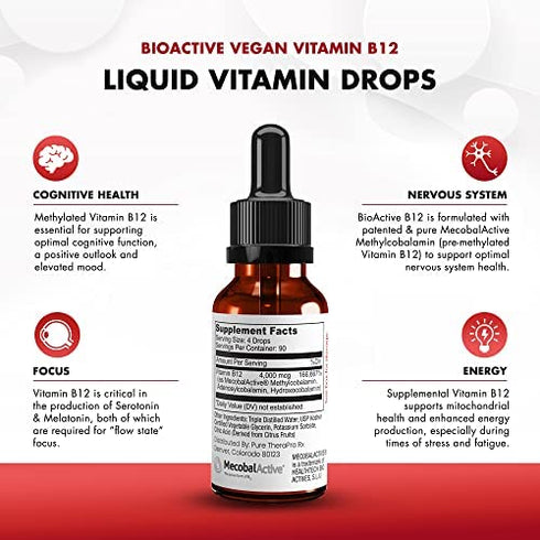 BioActive Vegan Vitamin B12 Sublingual Liquid Supplement - B12 Liquid Vitamin Drops with Hydroxocobalamin, Adenosylcobalamin & Methylcobalamin 1,000 mcg per Drop (4 Drops a Day for a 90-Day Supply)