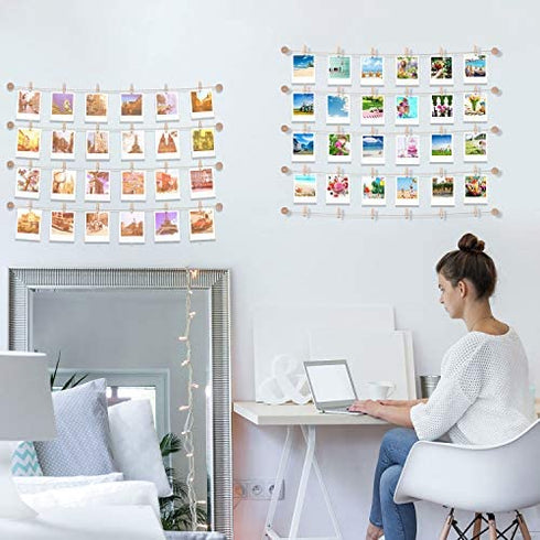 Hanging Instant Photo Display Decorative Wall Hanging String with Clips, Stick and Hang Photo Wall Decor, Wall Hanging Pictures Display for Home, Dormitory and Cafe Decoration (Available to 8 Rows)