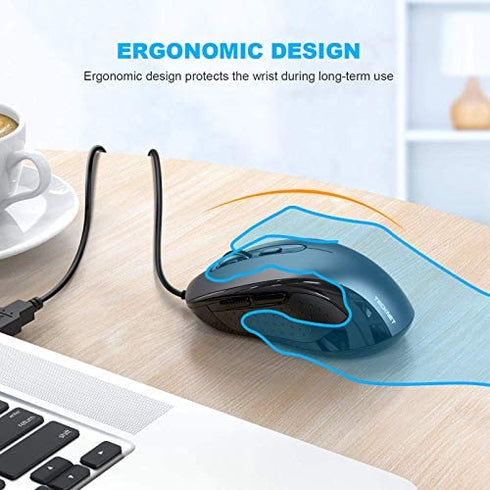 TECKNET Wired Mouse, USB Wired Computer Mouse, 3600DPI 4 Adjustable Levels, 6-Button Ergonomic Mice, Home and Office Mouse for Laptop PC Desktop Notebook - Grey