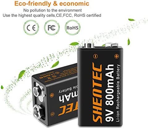 Shentec 9V Rechargeable Lithium Batteries, 800mAh Low Self-Discharge Square 9 Volt LithiumBattery for Alarms, Wireless Microphones, Smoke Detectors, Toys, Flashlights and More(4-Pack)